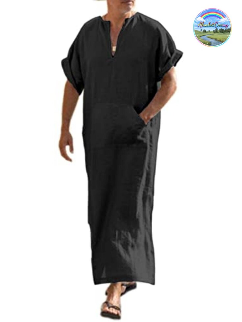 Mens Cotton Linen Kaftan Robe V-Neck Short Sleeve Beach Coverup